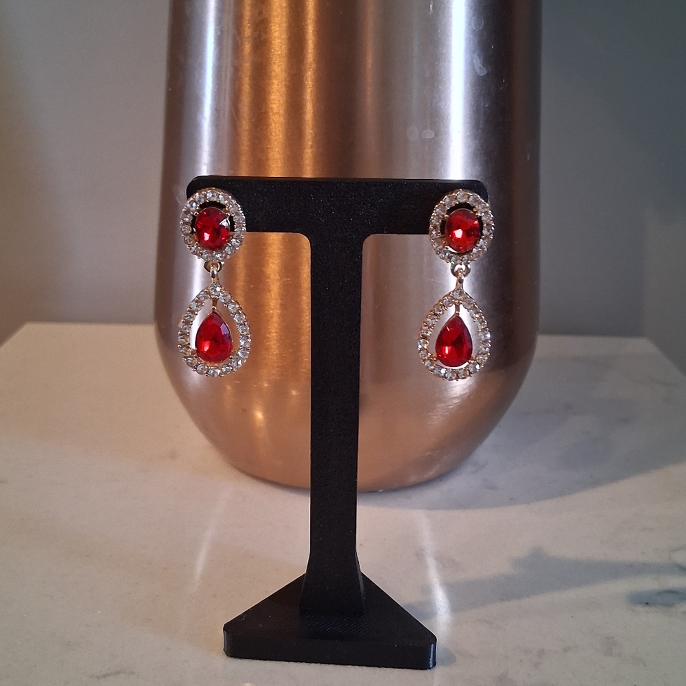 Ruby Red and Rhinestone Earrings, By Monet - Picture 3 of 4